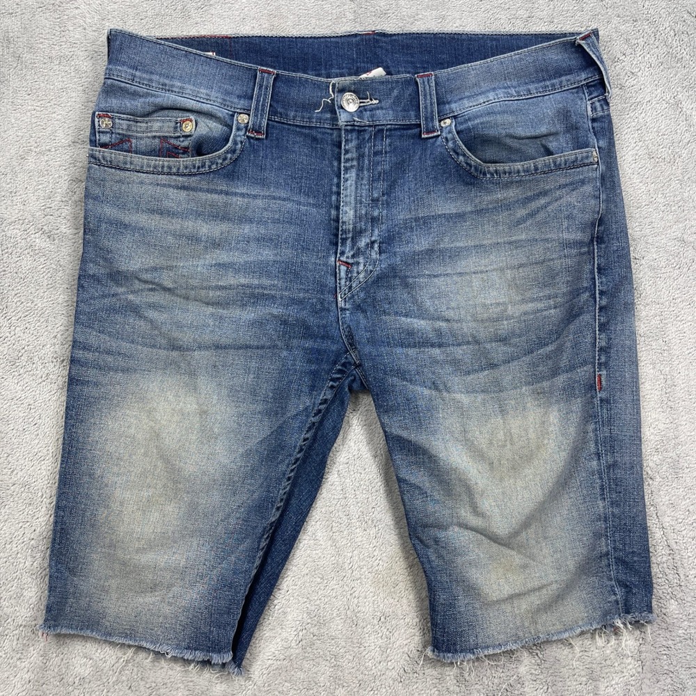 True Religion Denim Shorts Mens 40 Blue Ricky Relaxed Straight Cut Off Jorts